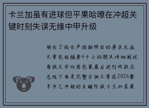 卡兰加虽有进球但平果哈嘹在冲超关键时刻失误无缘中甲升级